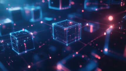 Fototapeta premium Abstract digital cubes connected by glowing lines in a futuristic network.