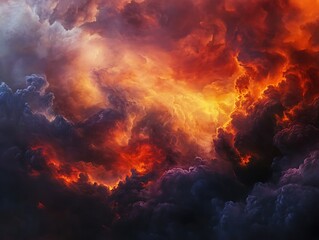 Fototapeta premium Billowing red and orange smoke clouds against a pitch-black background, creating a dramatic and abstract effect with intense contrast.