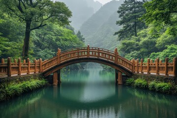 picturesque wooden bridge arching over a serene river surrounded by lush greenery reflecting a peaceful connection between nature and human craftsmanship