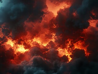 Fototapeta premium Billowing red and orange smoke clouds against a pitch-black background, creating a dramatic and abstract effect with intense contrast.