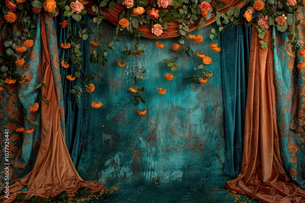 Poster contemporary bohemian style rich teal studio backdrop with a matte finish, rust-colored velvet curta