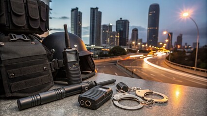 Captivating Conceptual Photography of Police and Law Enforcement Equipment Showcasing Essential Tools for Crime Prevention and Public Safety in a Dynamic Urban Environment