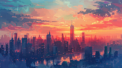 Obraz premium The city skyline bathed in the soft light of the rising sun, the sky painted with shades of orange and pink.