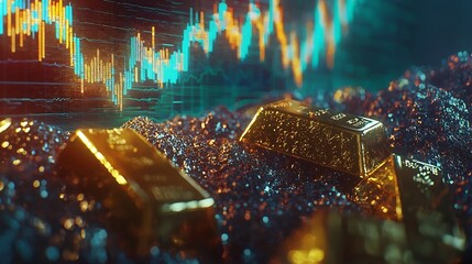 Detailed view of shimmering gold bars set against a vibrant backdrop of market chart patterns showcasing the stability and appeal of precious metal investments amidst economic fluctuations