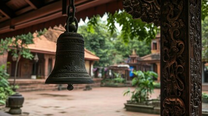Obraz premium The beautifully engraved temple bell hangs quietly, surrounded by a peaceful courtyard atmosphere