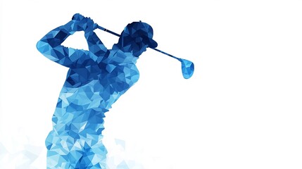 Digital art depicting a golfer in a full swing motion with dynamic blue geometric shapes and a transparent sleek and modern abstract style background