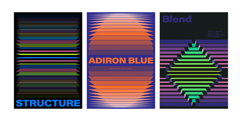 Modern aesthetics of graphic design poster collection layout. bold typography and abstract geometric shapes lines. 3d shape motion blend bigger and bigger structures. cover front y2k colorful gradient