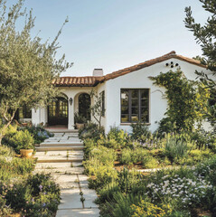 Fototapeta premium single story suburban home, clay tile roof, garage in the front, mediterranean roof,bcalifornia landscaping, garage in front