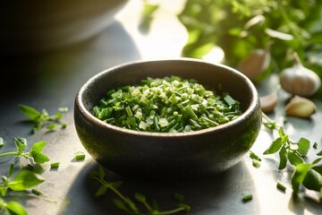 A close-up of a small ceramic bowl filled with freshly chopped chives, oregano, and garlic surrounded by loose sprigs of herbs,AI Generative.