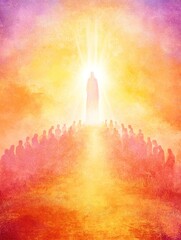 A radiant figure stands above a group of people, symbolizing hope and inspiration.