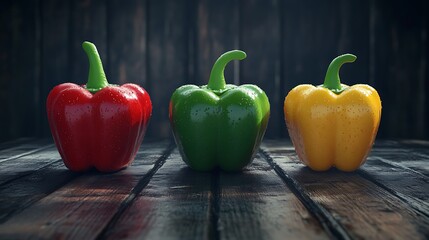 Vibrant Bell Peppers on Wooden Surface in Dim Light