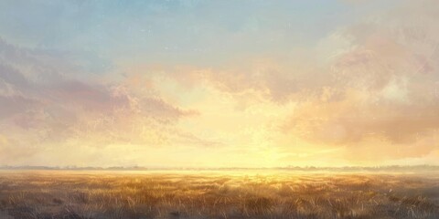 Fototapeta premium The first light of dawn illuminating an expansive field, the sky painted with gentle pastels as the sun rises.
