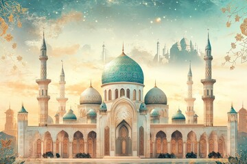 Ornate White Mosque with Blue Domes and Minarets Under a Starry Sky