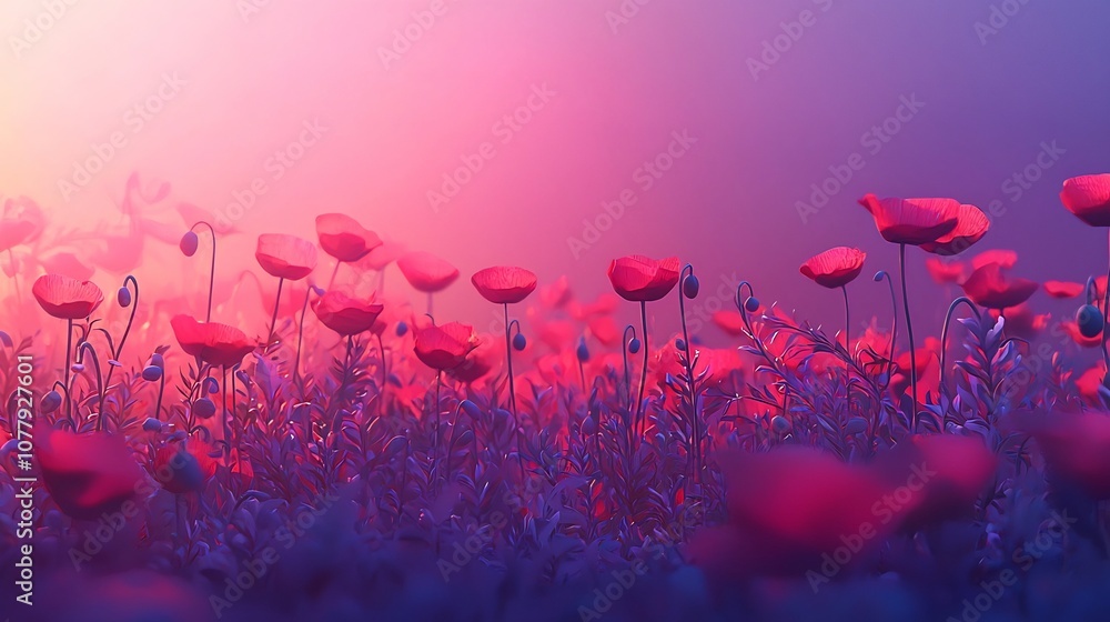 Poster peaceful red poppies blooming under soft dawn light for remembrance day 3d tranquil and serene scene