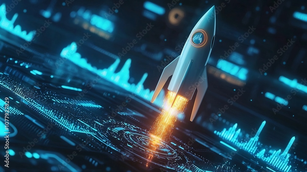 Poster powerful rocket blasting off into the futuristic space with a dynamic growth graph and finance visio