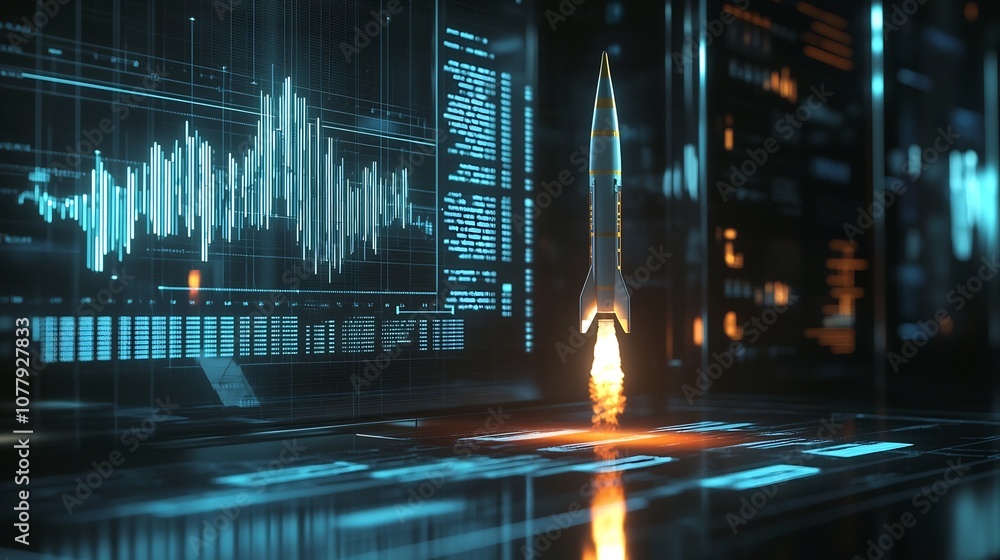 Poster powerful rocket launch depicted next to graph symbol representing financial growth and economic prog