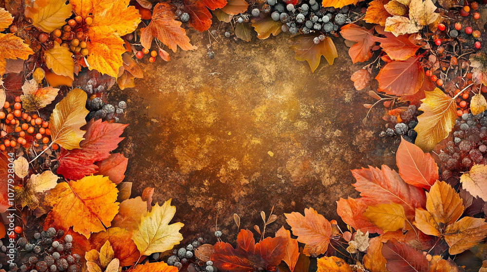 Poster autumn leaves and berries forming a colorful border in a rustic setting