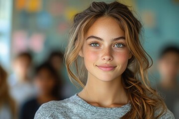 Obraz premium portrait of a beautiful young american school teacher standing confidently in a classroom students engaged and walking in the background creating a lively and educational atmosphere