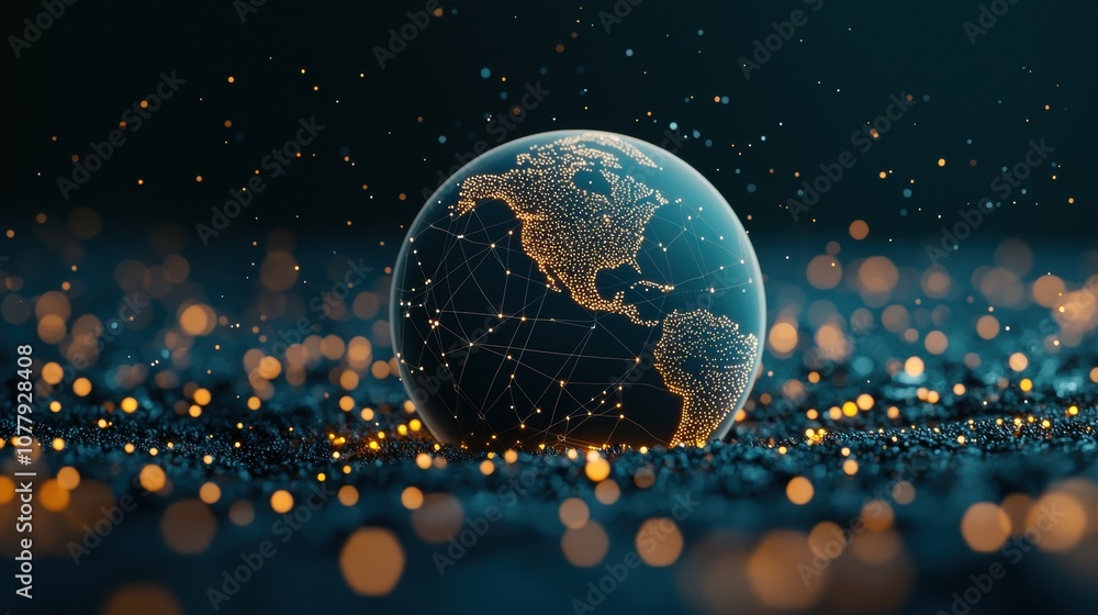 Poster planet earth surrounded by a web of glowing lines and data points, symbolizing the global reach of t