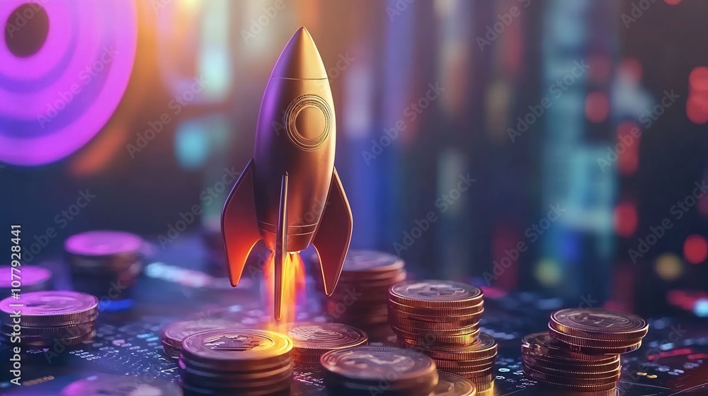 Poster rocket launch and financial growth chart 3d depicting startup success and innovation futuristic conc