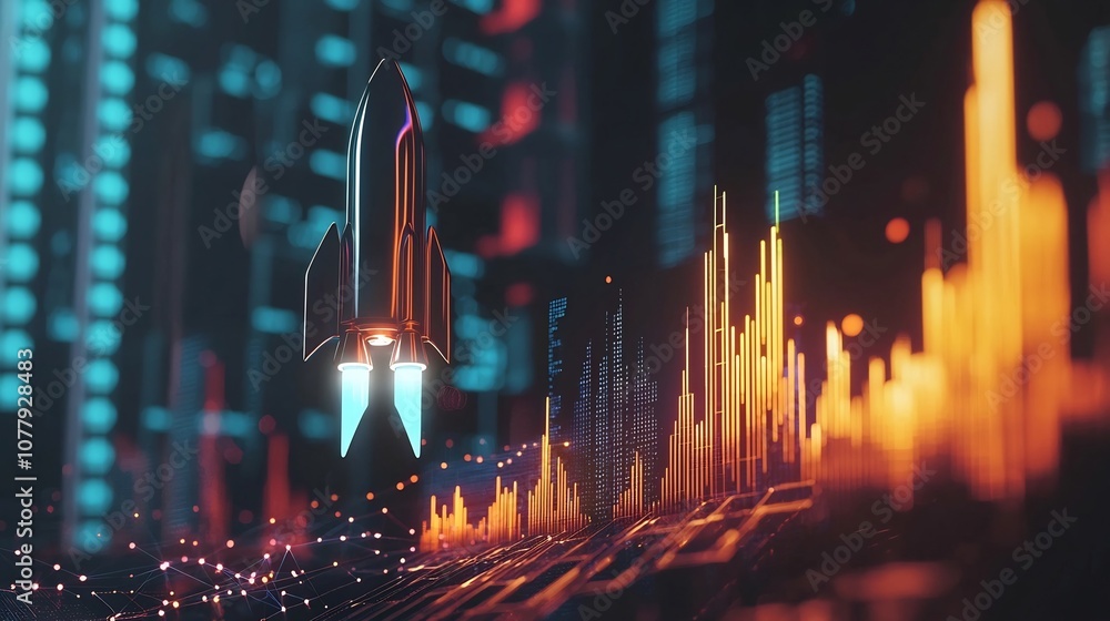 Poster rocket launch financial growth soaring 3d for trading and investment analytics visualizing successfu