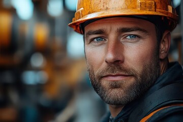 portrait of a dedicated industry maintenance engineer in uniform and hard hat poised at a bustling factory station showcasing expertise and commitment to safety within the industrial realm