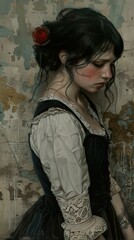 Fototapeta premium Pensive Portrait of a Woman in Vintage Attire Against a Damaged Wall