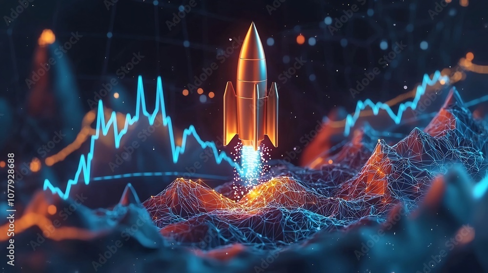 Poster rocket launching with colorful financial growth charts and data visualizations in a futuristic night