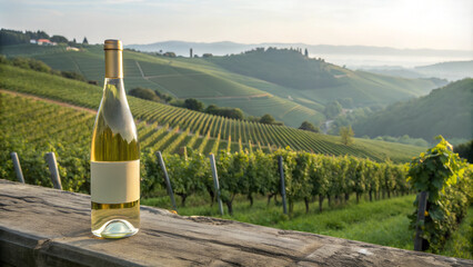 bottle of white wine on vineyard background - postcard template