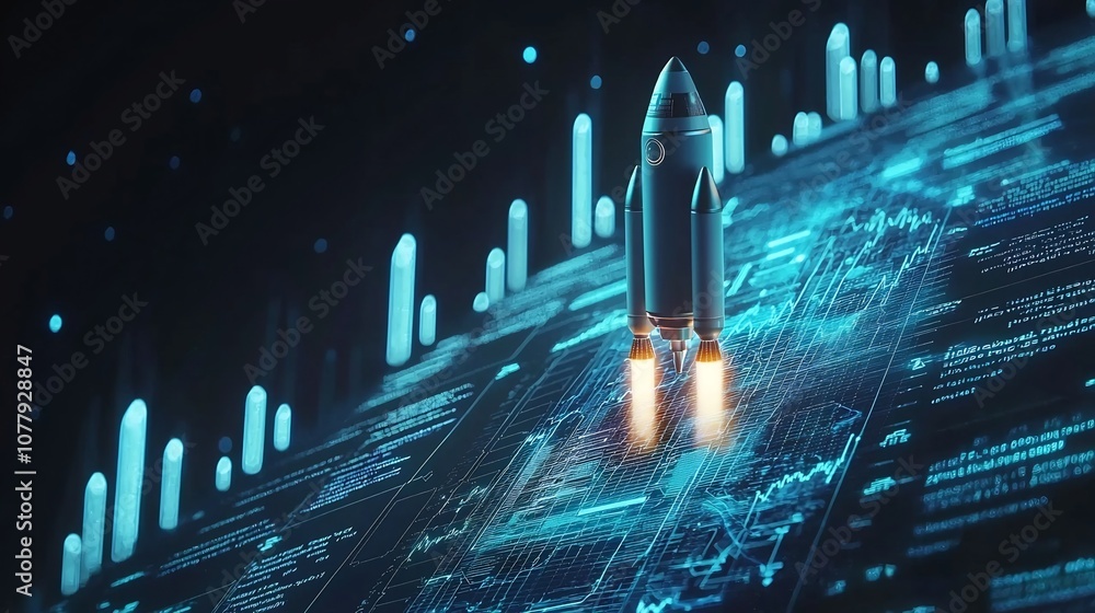Poster rocket soaring high with a rising chart or graph representing economic boost growth and financial su