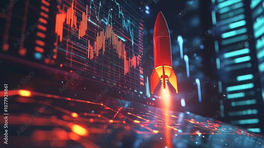 Poster rocket soaring through a futuristic financial graph symbolizing the success and growth potential of 