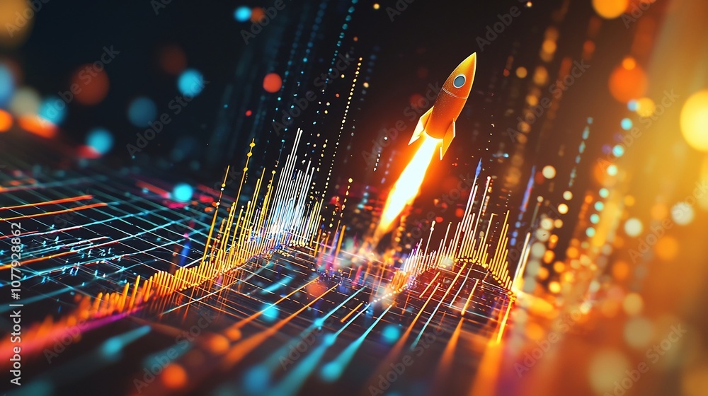 Poster rocket soaring through vibrant data visualization reaching new heights 3d of upward trending graph w