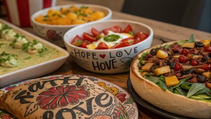 Fototapeta premium Captivating Food Photography Featuring Delightful Dishes Surrounded by Faith, Hope, and Love Tattoo Designs for Inspiring Culinary Artistry