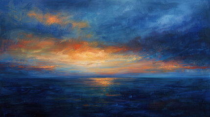 Obraz premium The last light of day fading into the twilight sky, deep blues and oranges blending into the horizon