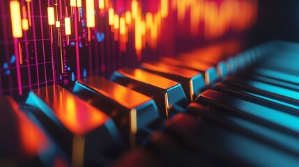 Fototapeta premium Polished Rows of Gold Bars Contrasted with Colorful Market Display of Rising and Falling Graphs Symbolizing Economic Stability and Lucrative Investment Opportunities in the Financial Sector