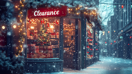 Obraz premium cozy street scene with festive shop window displaying clearance sale, adorned with Christmas decorations and twinkling lights, as snow gently falls