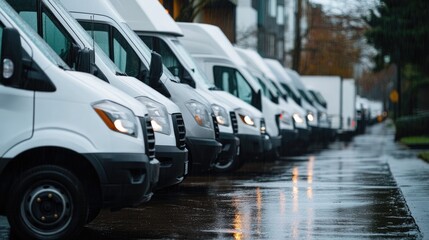 Row of White Vans Parked in Rain