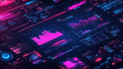Obraz premium Abstract futuristic digital interface with glowing graphs, charts, and data.