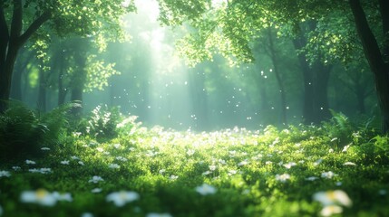 Fototapeta premium Blurred green forest background with sunlight filtering through leaves for a tranquil effect