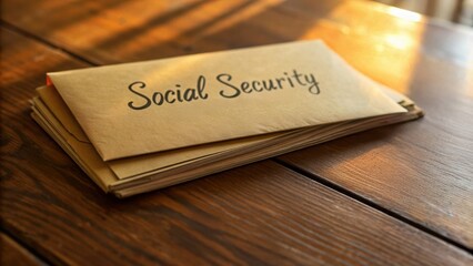 An envelope labeled Social Security placed on a wooden table, privacy and financial security.