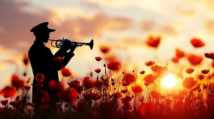 Silhouetted Bugler Playing a Solemn Tune Amidst a Poppy Field at Sunset for a Remembrance Day Memorial Ceremony  Dramatic and Evocative Commemorative