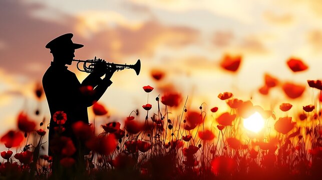 Silhouetted Bugler Playing a Solemn Tune Amidst a Poppy Field at Sunset for a Remembrance Day Memorial Ceremony  Dramatic and Evocative Commemorative