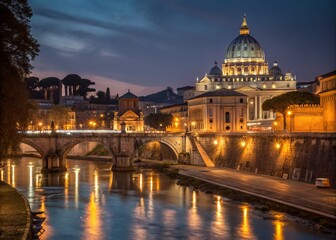 Fototapeta na wymiar Captivating Long Exposure Nightscape of an Italian City Illuminated by Street Lights and Reflected in Water, Showcasing Architectural Beauty and Vibrant City Life
