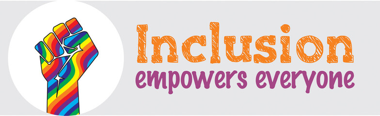 Inclusion empowers everyone. Inclusion all colors in one hand. Equity culture sign. Gender diversity symbol. Quality design element. Banner for media and web.