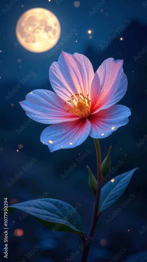Poster a close up of a flower with a moon in the background