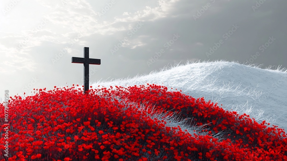 Poster solemnly remembering with a field of red poppies and a lone cross standing as a symbol of respect an