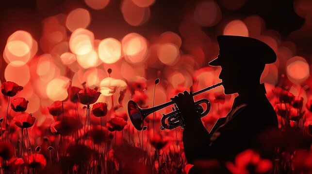 Solemn silhouette of a bugler playing a mournful tune on a trumpet surrounded by a field of red poppies at dusk as a tribute and memorial for Remembrance Day or other military