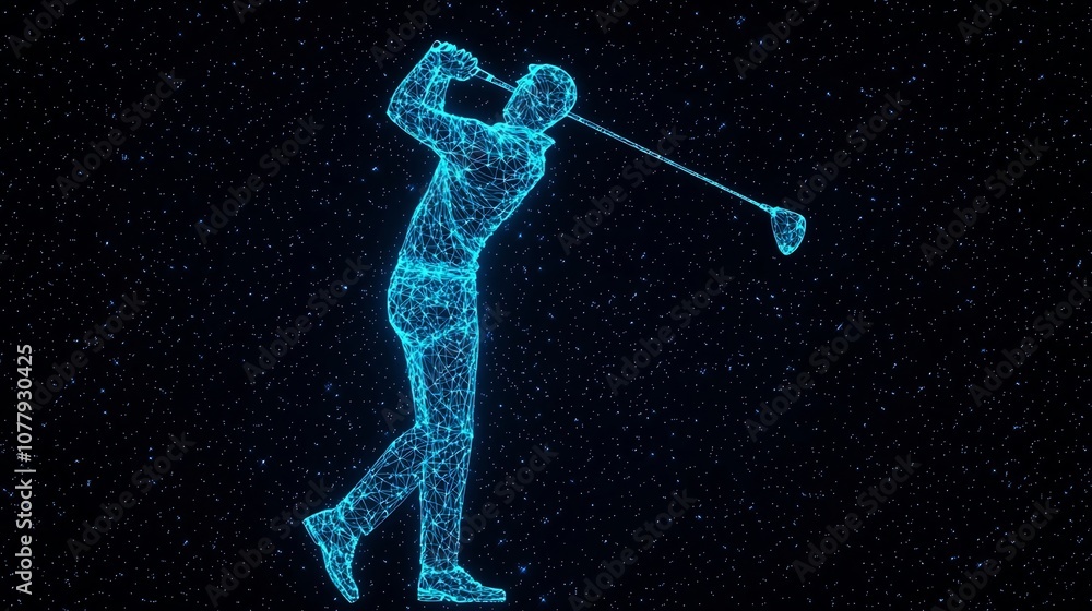 Poster striking digital art rendering of a full swing golfer in glowing blue geometric shapes and lines set