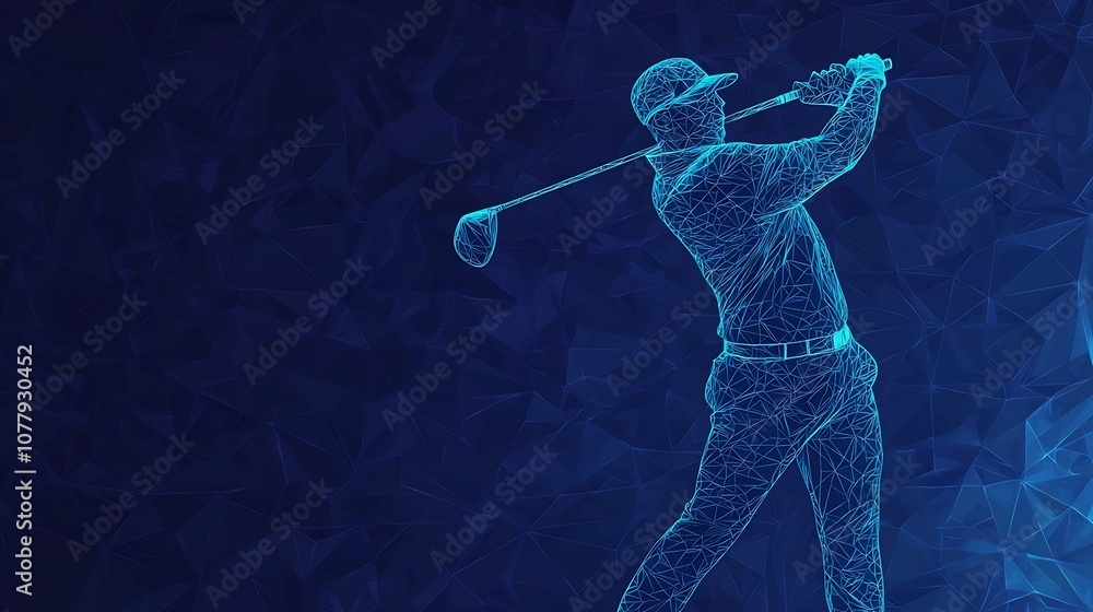 Poster striking digital art rendering of a golfer in full swing motion surrounded by glowing blue geometric
