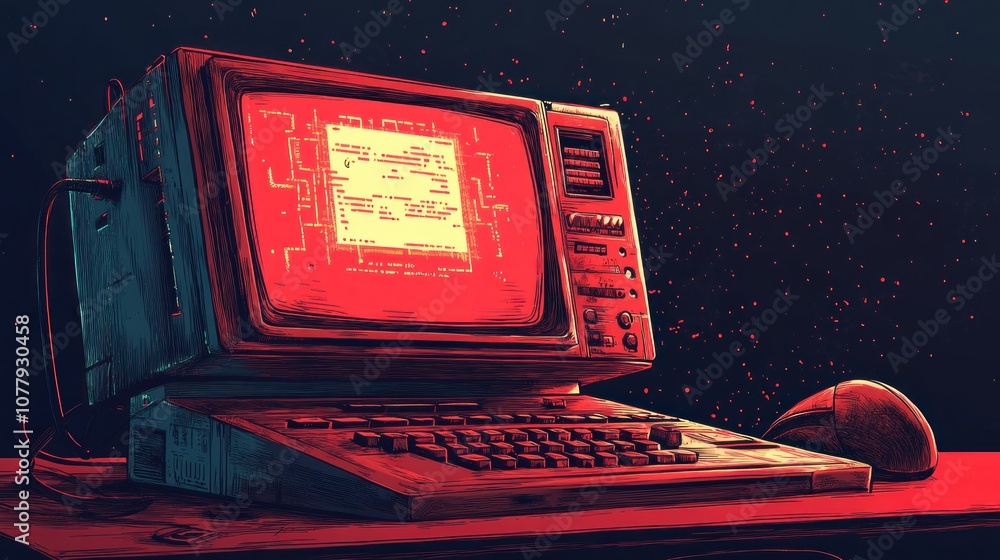 Poster a retro computer with a red glow on a dark background, the screen displays code.